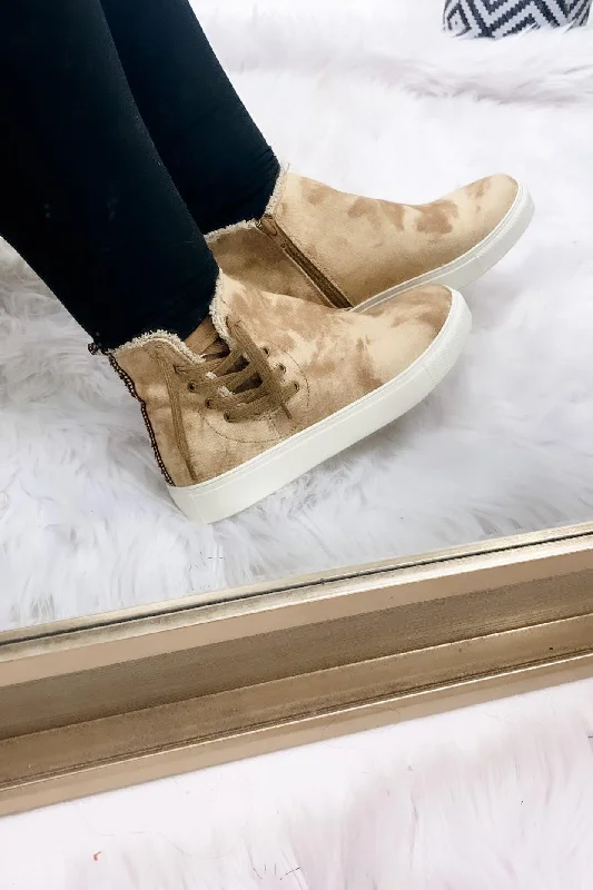 Luxury Classic Back In Action- Tan Tie-Dye Zip Up High-Top Sneakers w/ Lace Up Detail Luxury Classic Back In Action- Tan Tie-Dye Zip Up High-Top Sneakers w/ Lace Up Detail
