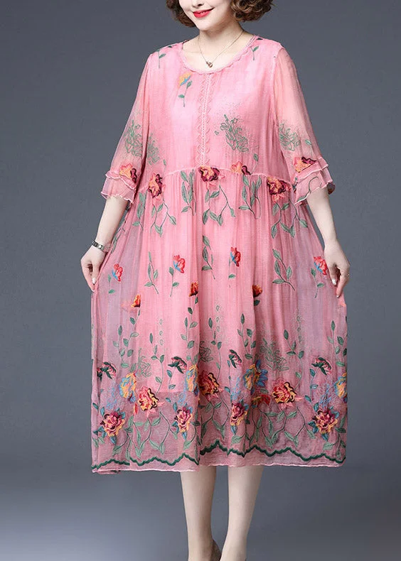 Fashionable Prints Pink Wrinkled Floral Tulle Dresses Half Sleeve