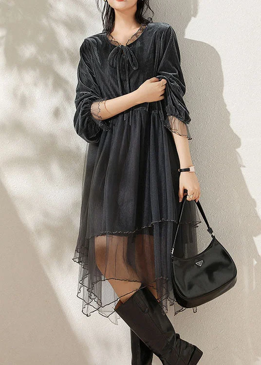 Comfy Chic Natural Grey Ruffled Lace Up Patchwork Silk Velour Tulle Dresses Spring