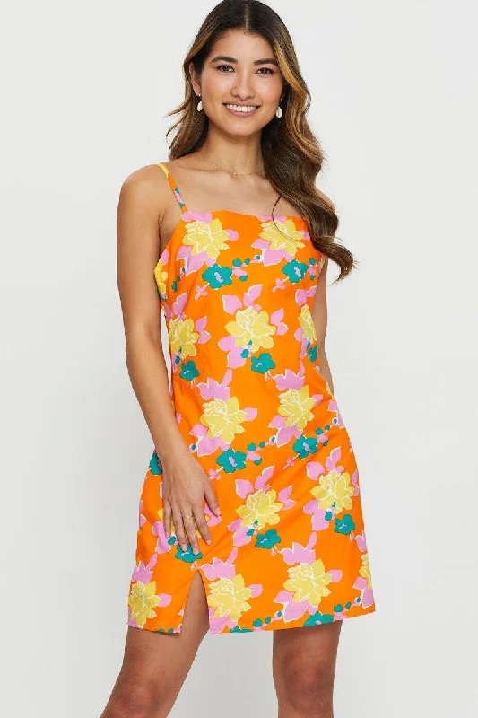 Designer Style Print Mini Dress Square Neck