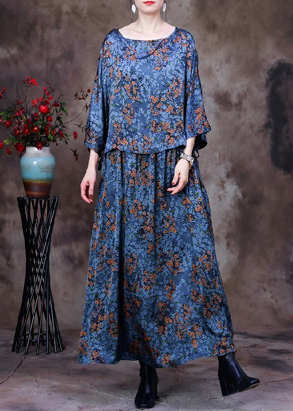 High-quality Styles Original Design Blue O-Neck Drawstring Print Silk Loose Dresses Bracelet Sleeve