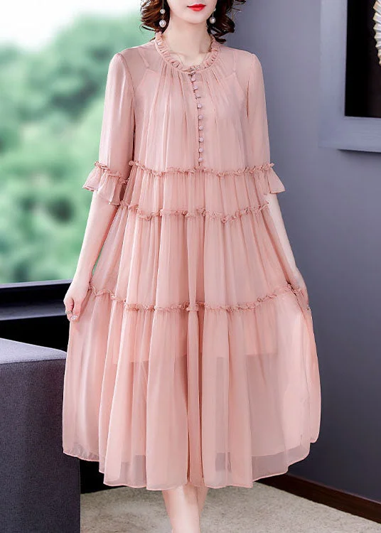High Street Series Organic Pink Ruffled Patchwork Silk Dresses Half Sleeve