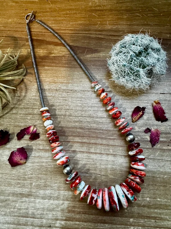 Exquisite Details 22 Inch red spiny/turquoise, hematite and sterling silver pearls