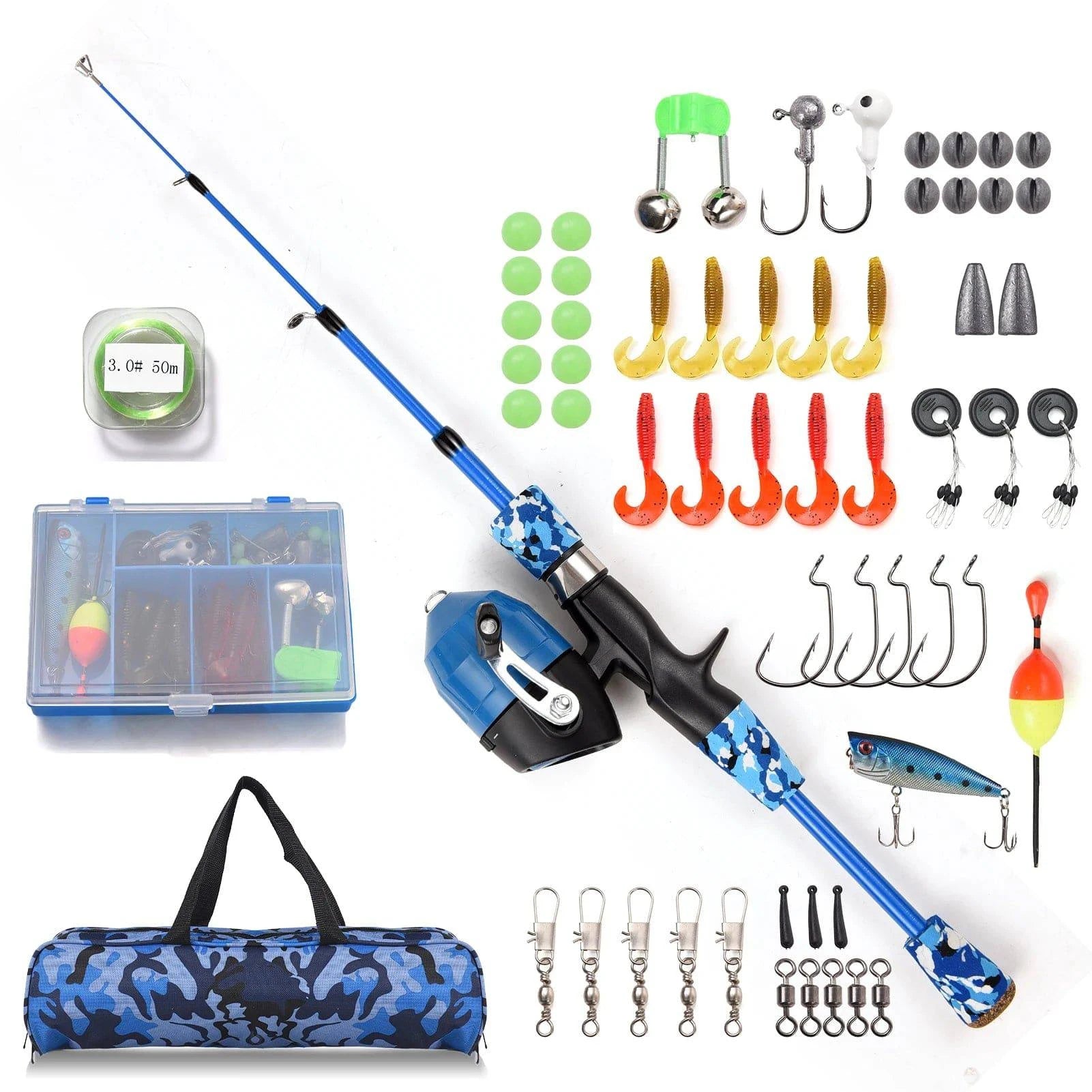 High-quality Design Kids Fishing Rod and Reel Combo Full Kit 1.2m/1.5m Telescopic Casting Rod Pole with Spincast Reel and Hooks Lures Swivels bag