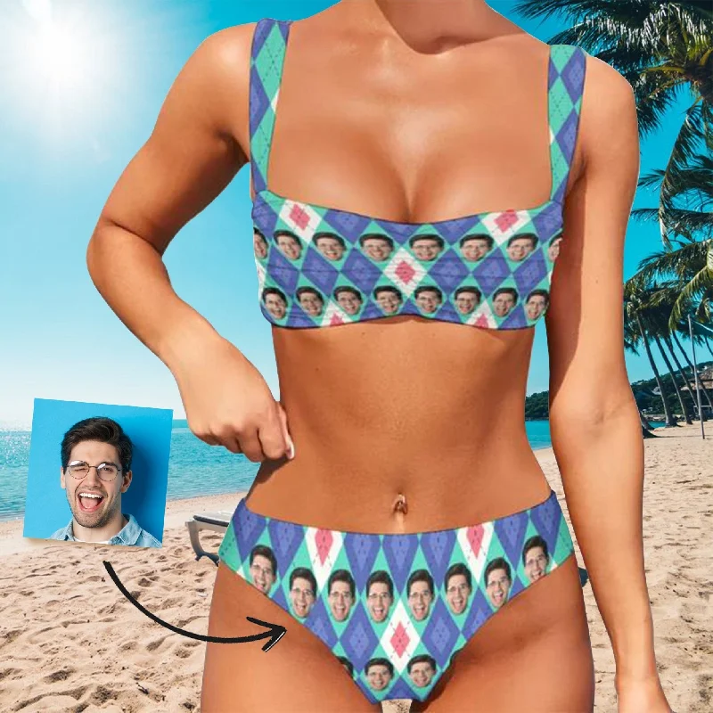 Youthful Style Custom Face Blue And White Rhombus Square Bikini Personalized Women's Wide Shoulder Straps High Waist Bikini Set Youthful Style Custom Face Blue And White Rhombus Square Bikini Personalized Women's Wide Shoulder Straps High Waist Bikini Set