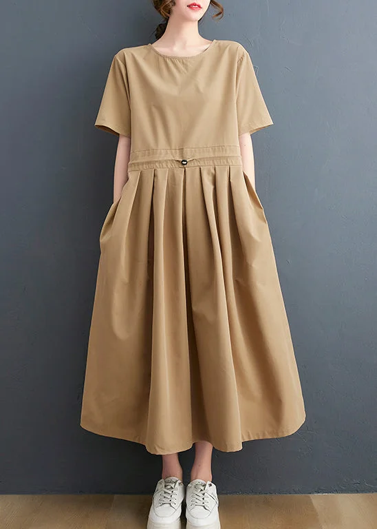 Simple Solid Color Plus Size Khaki O-Neck Wrinkled drawstring Maxi Dresses Short Sleeve