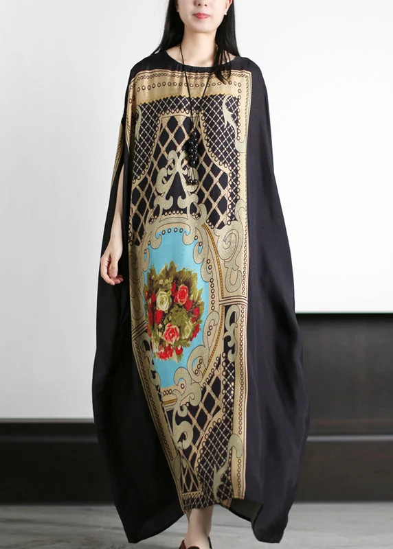Fresh And Fashionable Original Loose Black O-Neck Yellow Print Silk Maxi Dresses Batwing Sleeve