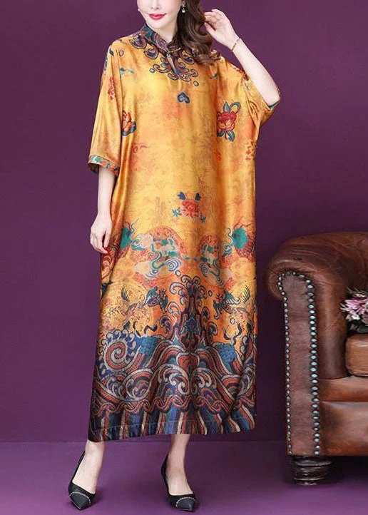 Personalized print Plus Size Yellow Mandarin Collar Print Silk Dresses Batwing Sleeve