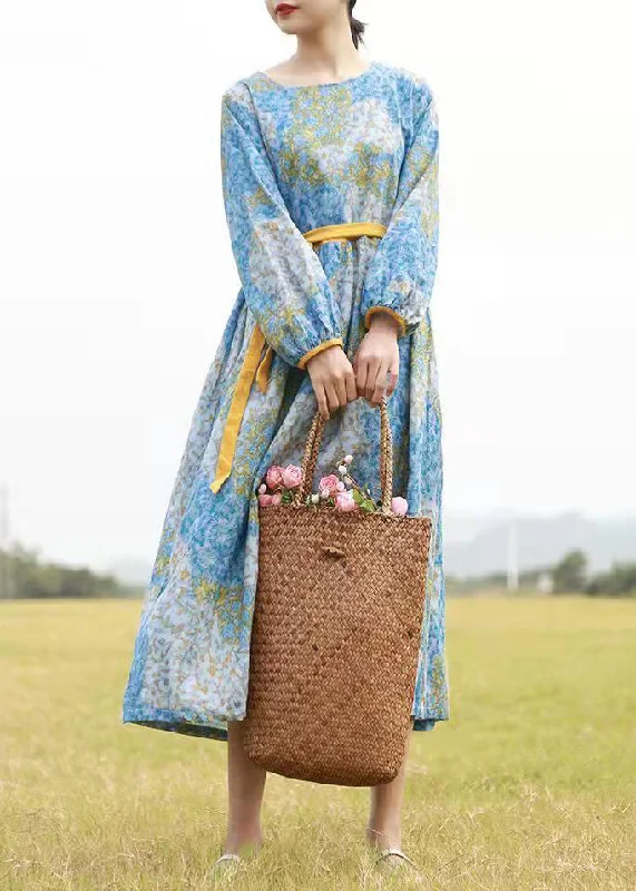 Simple Style Plus Size Blue O-Neck tie waist Cinched Print Long Dresses Long Sleeve