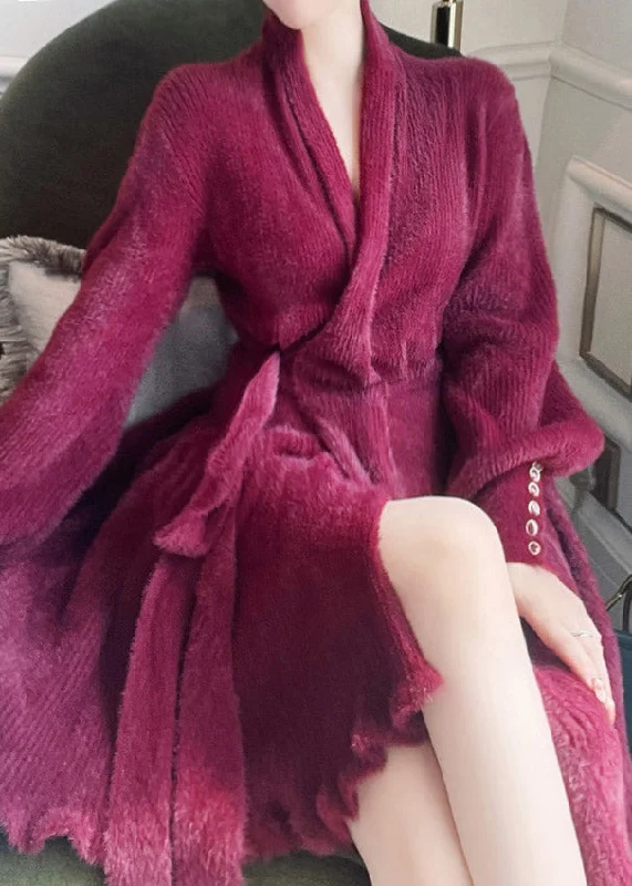 Sports litigation style Plus Size Mulberry V Neck Tie Waist Velour Maxi Dresses Long Sleeve