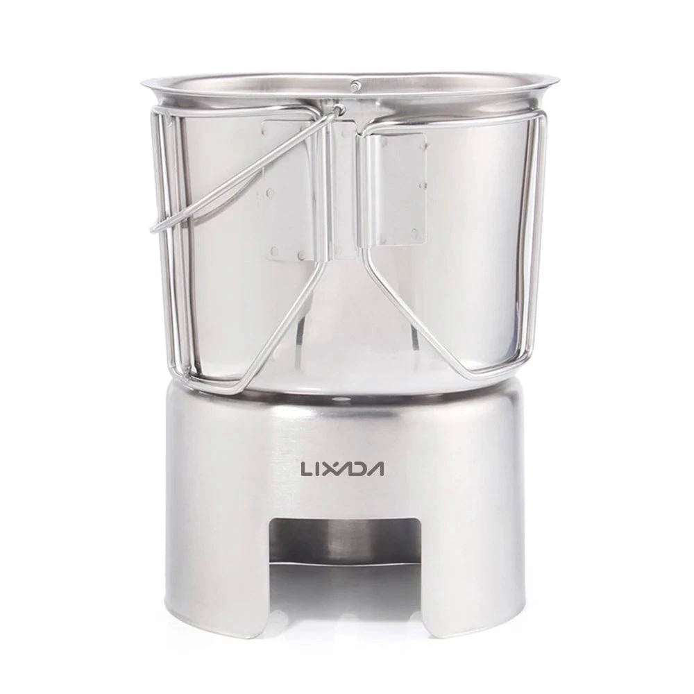 Stunning Fashion Camping Cookware Stainless Steel Canteen Cup Hanging Pot with Wood Stove Set for Outdoor Survival Backpacking Hiking Picnic Stunning Fashion Camping Cookware Stainless Steel Canteen Cup Hanging Pot with Wood Stove Set for Outdoor Survival Backpacking Hiking Picnic