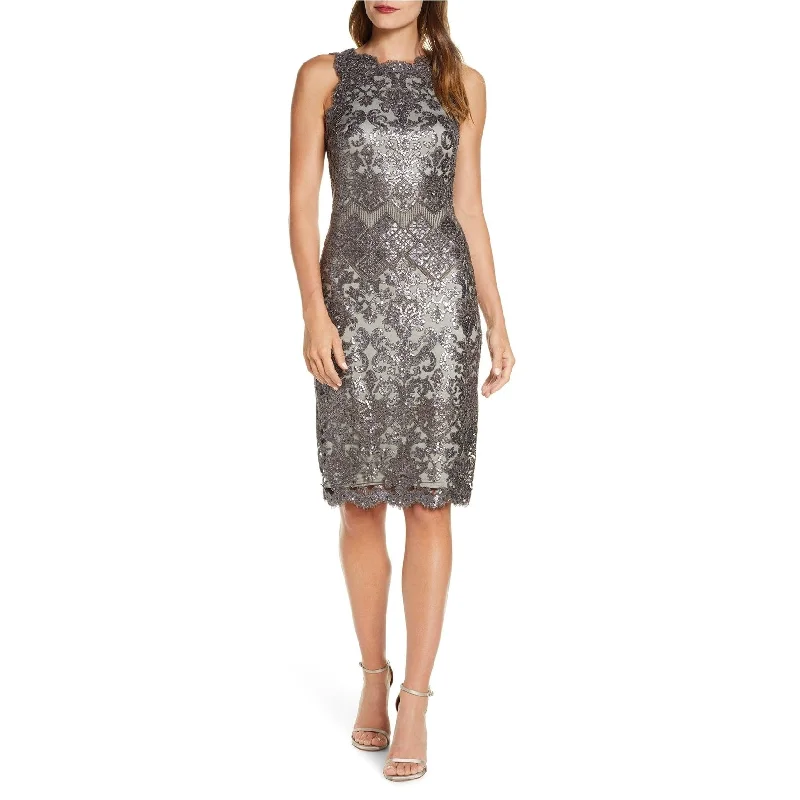 Fashionable Items Tadashi Shoji Womens Sleeveless Sequin Lace Sheath Dress, Grey, 10
