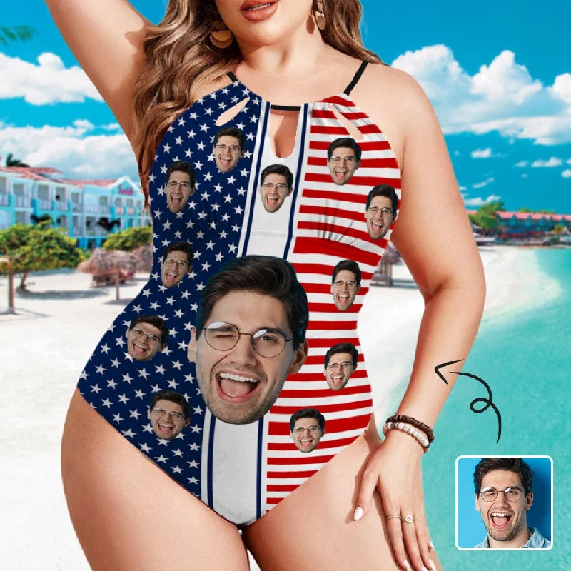 Trends Custom Face USA Flag Swimsuit Personalized Women's One Piece Backless Tie Swimsuit Face Bathing Suit