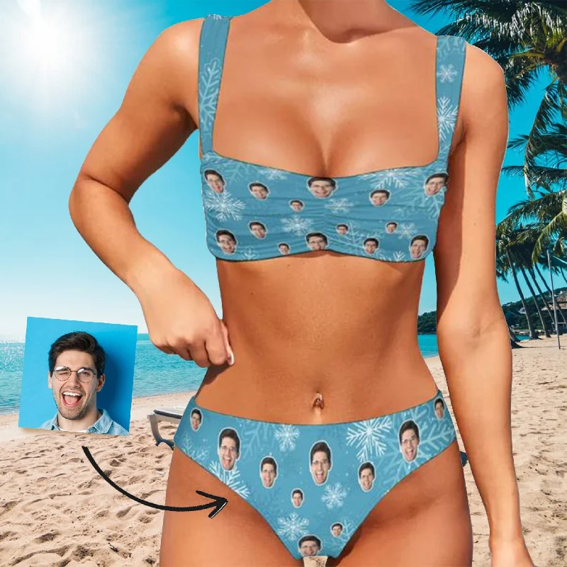 Romantic Temperament Custom Face Blue Color Snowflake Bikini Personalized Women's Wide Shoulder Straps High Waist Bikini Set Romantic Temperament Custom Face Blue Color Snowflake Bikini Personalized Women's Wide Shoulder Straps High Waist Bikini Set