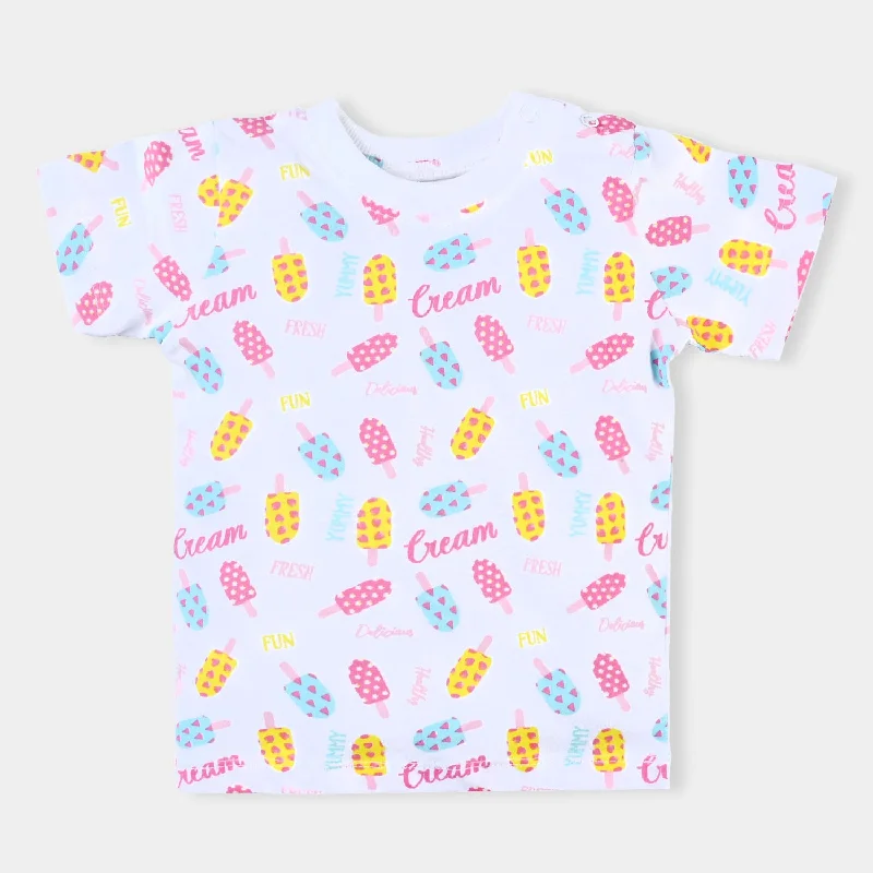 End Of The Year Infant Girls Cotton Jersey T-Shirt Ice Cream-White