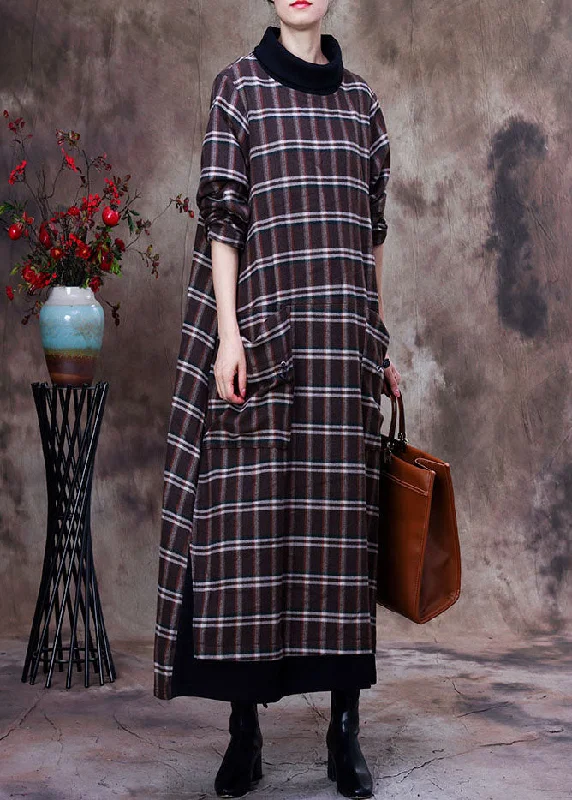 High-end Design Plus Size Khaki Plaid Pockets Cotton Robe Dresses Spring