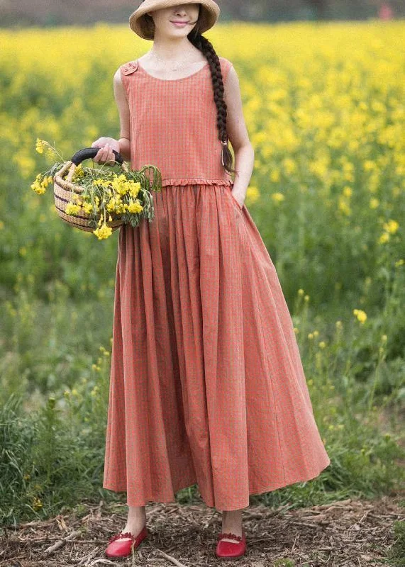 Renaissance Style Natural O-Neck Summer Wardrobes Outfits Orange Plaid Sleeveless Dresses