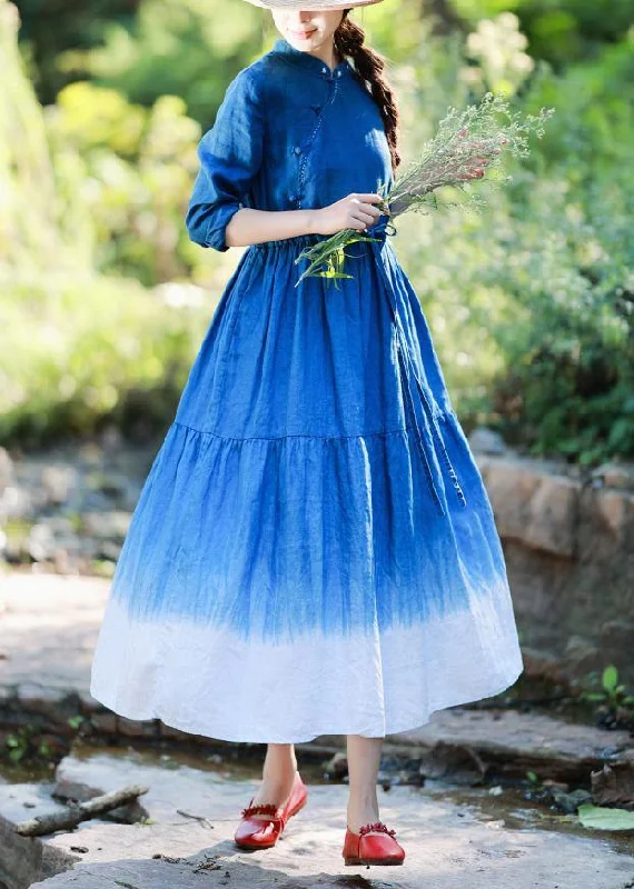 Street Style Natural Stand Collar Patchwork Tunics For Women Shirts Blue Vestidos De Lino Dresses