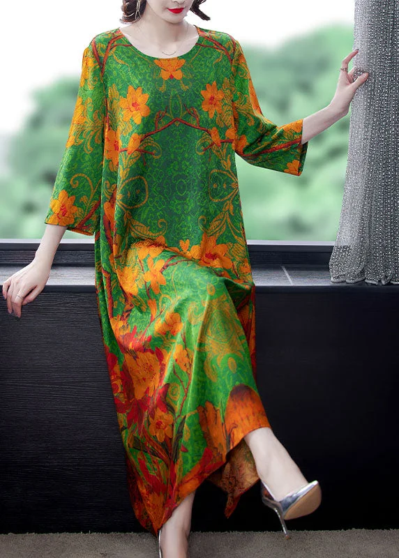 Youthful Style Organic Green O-Neck Print Long Dresses Spring