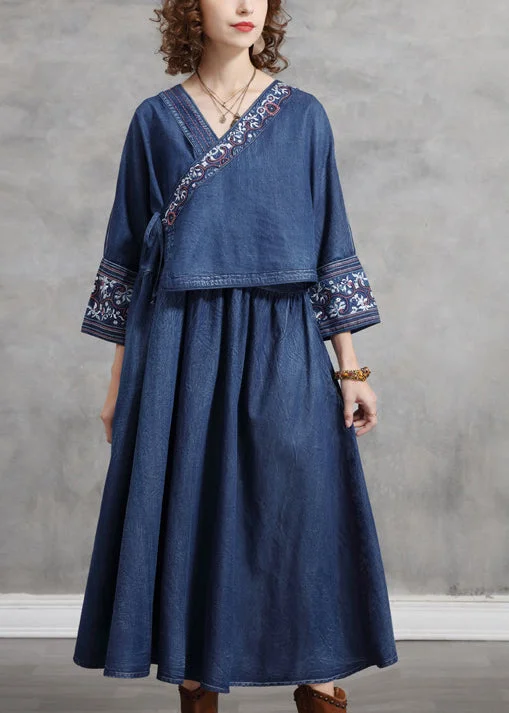 Noble Temperament Plus Size Blue Embroideried Asymmetrical Design Tie Waist Cotton Denim Dresses Bracelet Sleeve