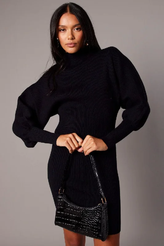 Retro Style Black Knit Dress Long Sleeve Mini
