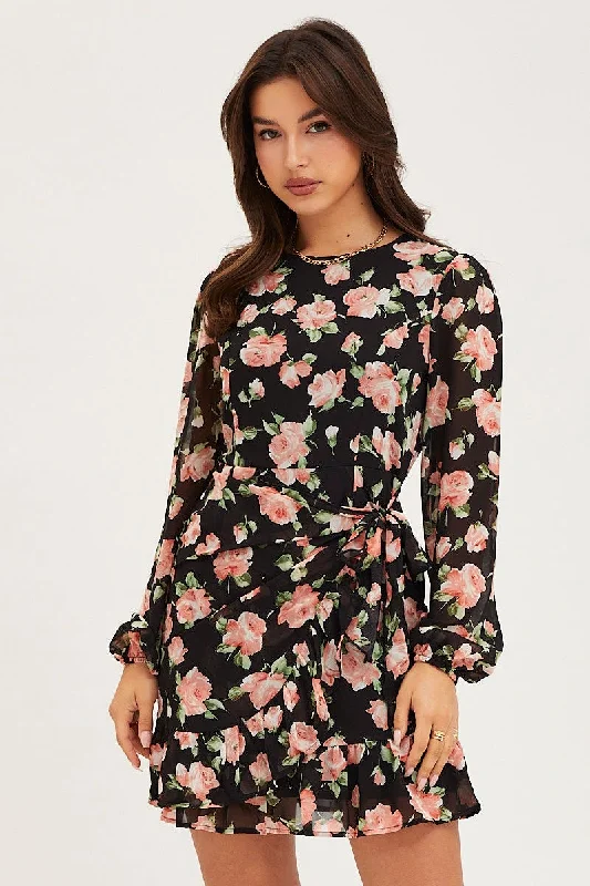 Luxury and fashionable Print Wrap Dress Long Sleeve Mini Ruffle