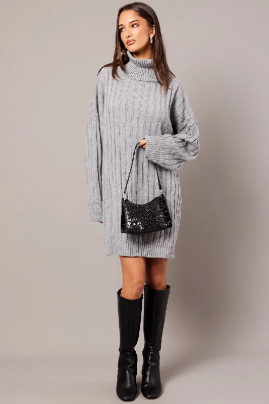 Minimal Comfort Grey Knit Dress Long Sleeve Jumper
