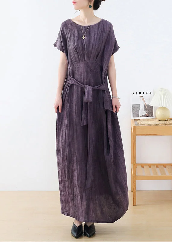 Nightclub Style Plus Size Purple O-Neck wrinkled Linen Long Dresses Short Sleeve
