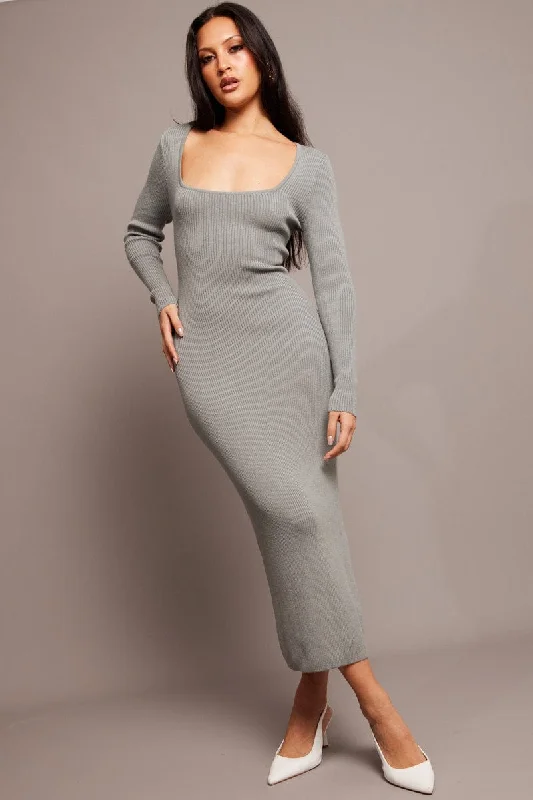 British Style Green Knit Dress Long Sleeve
