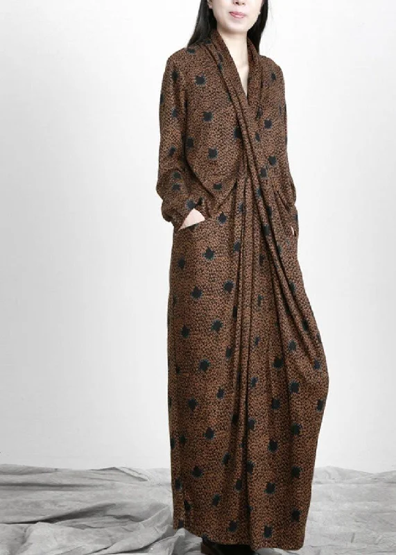 High-end Sense Organic Chocolate Jacquard WrapLoose Maxi Dresses Fall