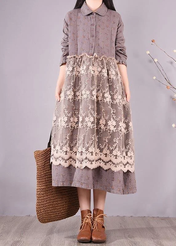 Modern Comfort Organic Gray Print Wardrobes Patchwork Lace Long Spring Dresses