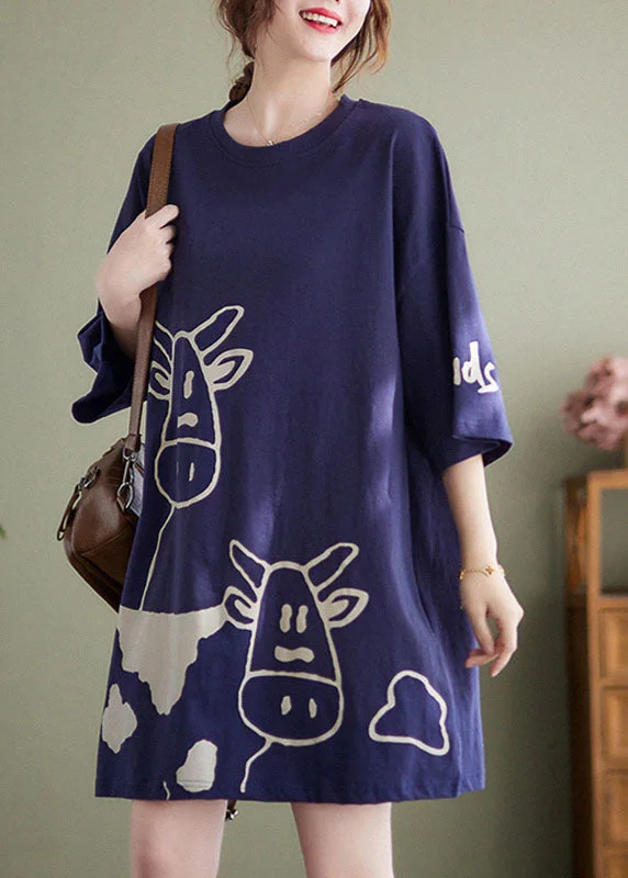 High-quality fabrics Plus Size Blue O-Neck Cow Print Cotton Vacation Dresses Short Sleeve