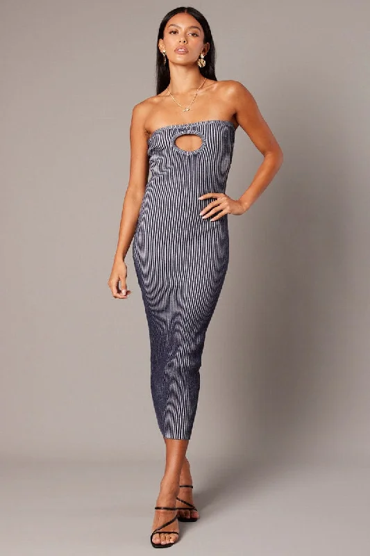 Layered Style Blue Knit Dress Key Hole Front Bandeau Midi