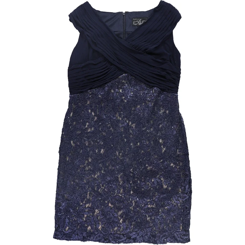 Chic Relaxation Alex Evenings Womens Lace Crossover Cocktail Sheath Dress, Blue, 14W