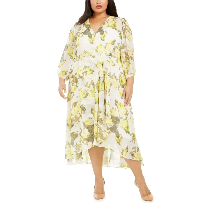 Exquisite workmanship Calvin Klein Womens Floral Chiffon High-Low Maxi Dress, Yellow, 22W