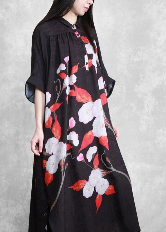 Personal Charm Organic Black Print Clothes Women Lapel Cinched Dresses