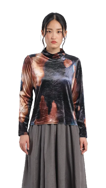 Cool Style Watercolor Graphic Velour High Neck Top