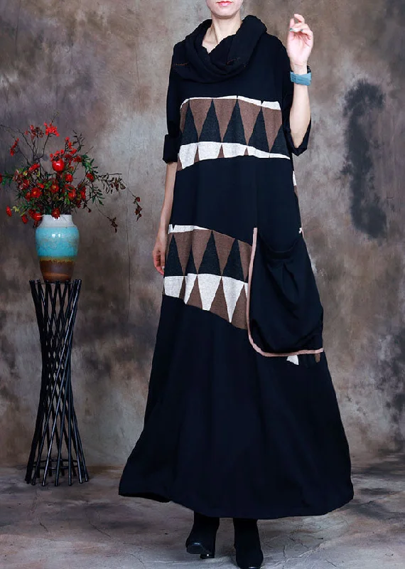 Soft Clothing Natural Black pocket Asymmetrical Print Maxi Dresses Spring