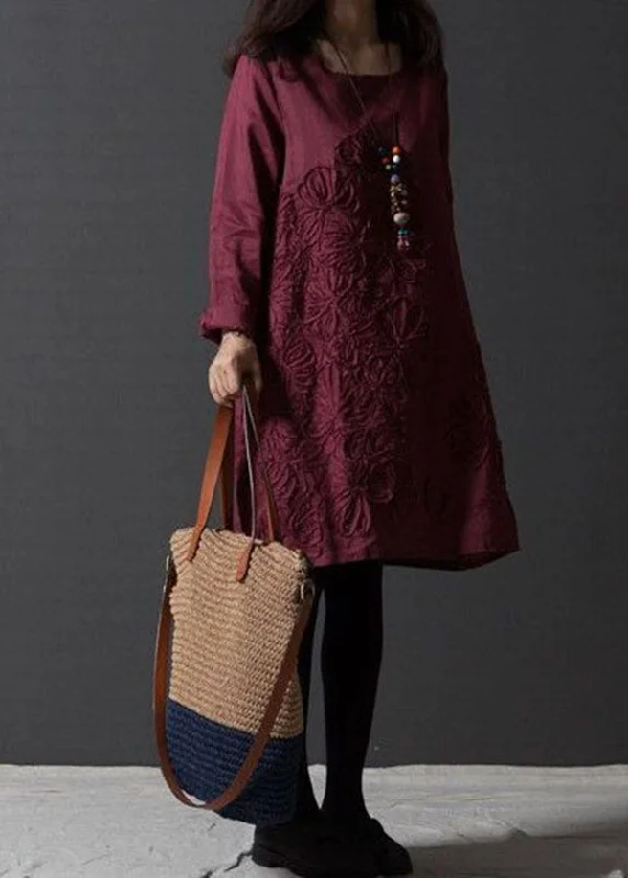 Urban Comfort Mulberry Linen A Line Dresses O-Neck Embroideried Spring