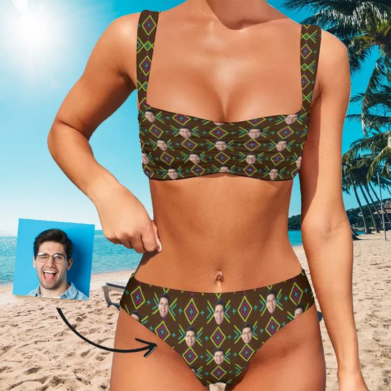 Trendy Items Custom Face Brown Rhombus Square Bikini Personalized Women's Wide Shoulder Straps High Waist Bikini Set Trendy Items Custom Face Brown Rhombus Square Bikini Personalized Women's Wide Shoulder Straps High Waist Bikini Set