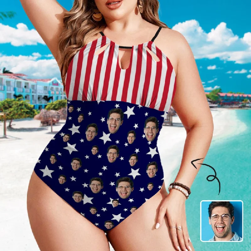 Casual Choice Custom Face American Flag Style Swimsuit Personalized Women's One Piece Backless Tie Swimsuit Face Bathing Suit Casual Choice Custom Face American Flag Style Swimsuit Personalized Women's One Piece Backless Tie Swimsuit Face Bathing Suit