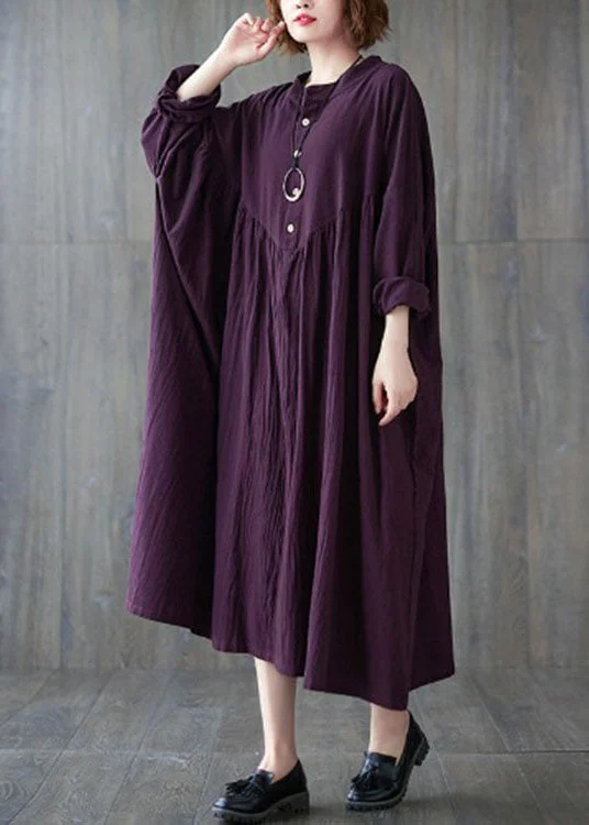 End Of The Year Purple Loose Vacation Dresses Stand Collar Spring