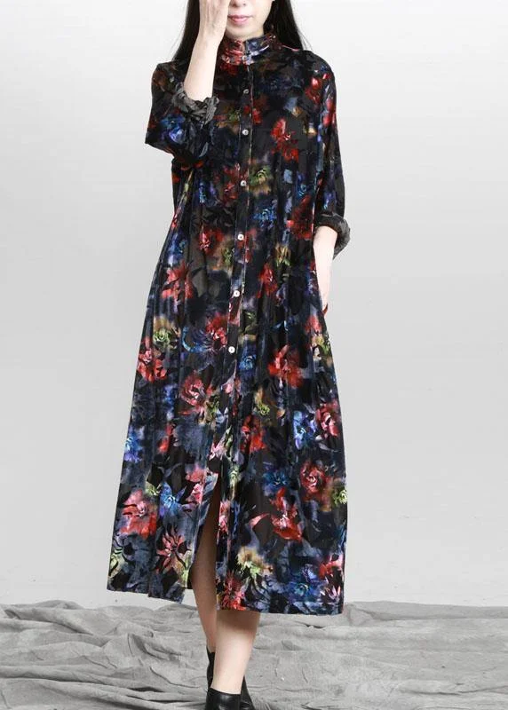 Lively And Youthful Plus Size Black Print Button Pockets Vacation Dresses Fall