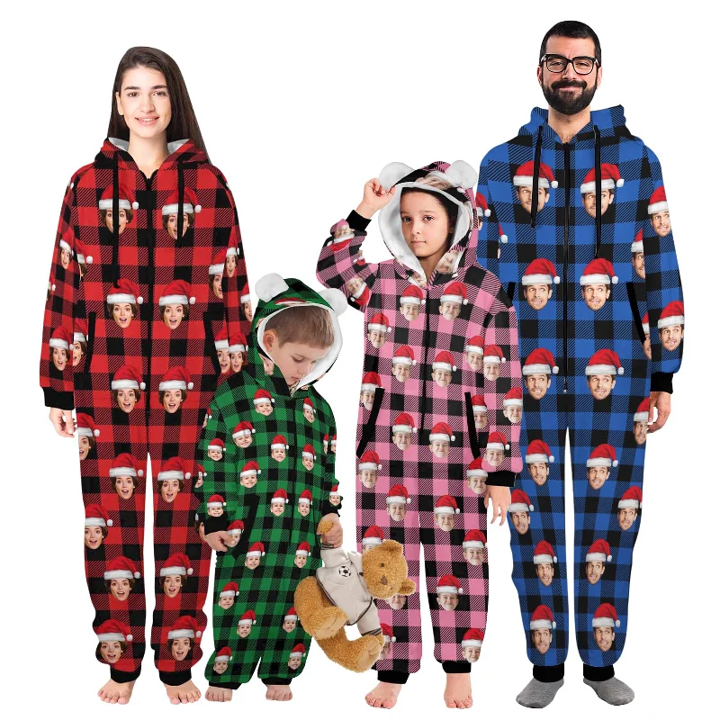 Fashion Must-have Flannel Fleece Adult/Kid Onesie Pajamas Custom Face Buffalo Check Christmas Jumpsuit Homewear Fashion Must-have Flannel Fleece Adult/Kid Onesie Pajamas Custom Face Buffalo Check Christmas Jumpsuit Homewear
