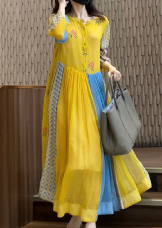 Ethnic Style Plus Size Yellow Print Patchwork Chiffon Vacation Dresses Spring