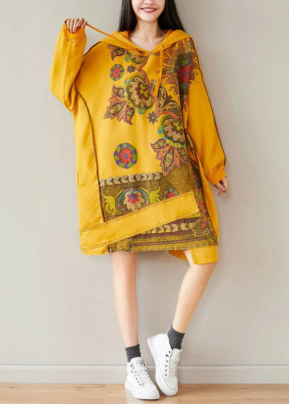Sports Zipper Style Plus Size Yellow Hooded Asymmetrical Design Patchwork Cotton Mid Dresses Spring