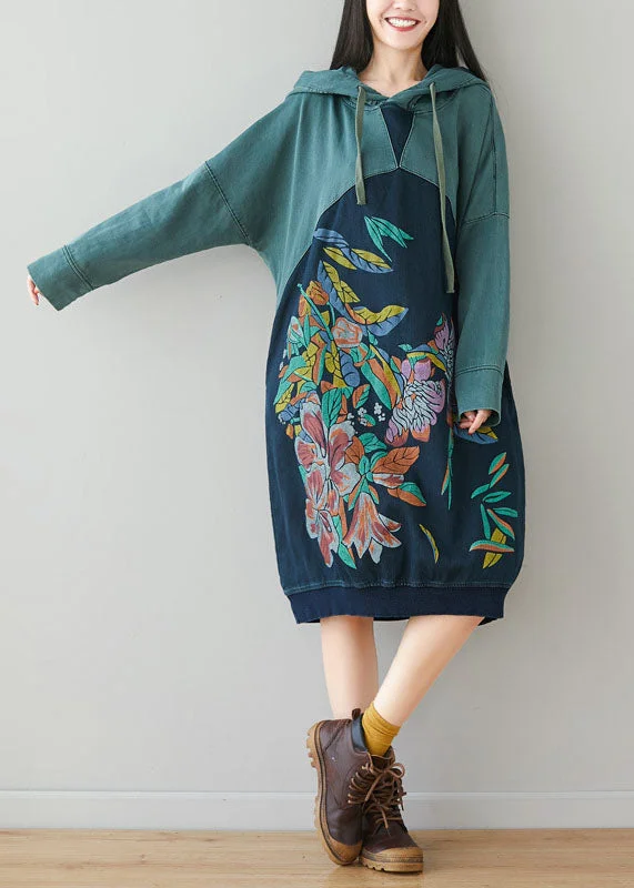 Cozy Sweaters Natural Blue Hooded Patchwork Print Cotton Dresses Spring