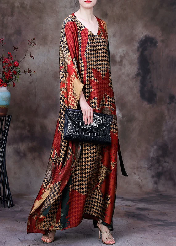 Lace Design Organic Red Yellow Colour Patchwork V Neck Print Tie Waist Silk Vacation Dresses Batwing Sleeve