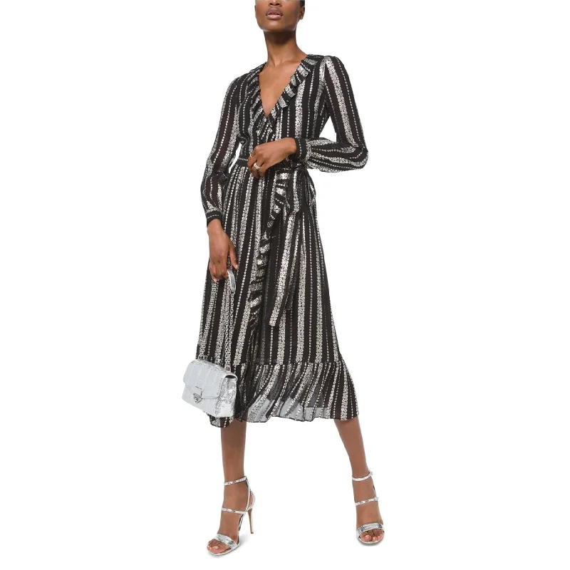 Free And Casual Michael Kors Womens Stamped Floral-Striped A-line Wrap, Black, X-Large