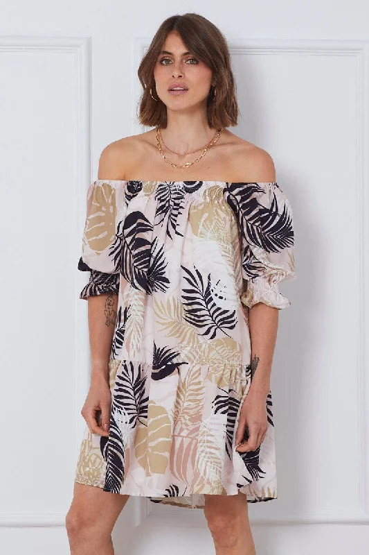 Celebrity Style Trop Print Mini Dress Off Shoulder